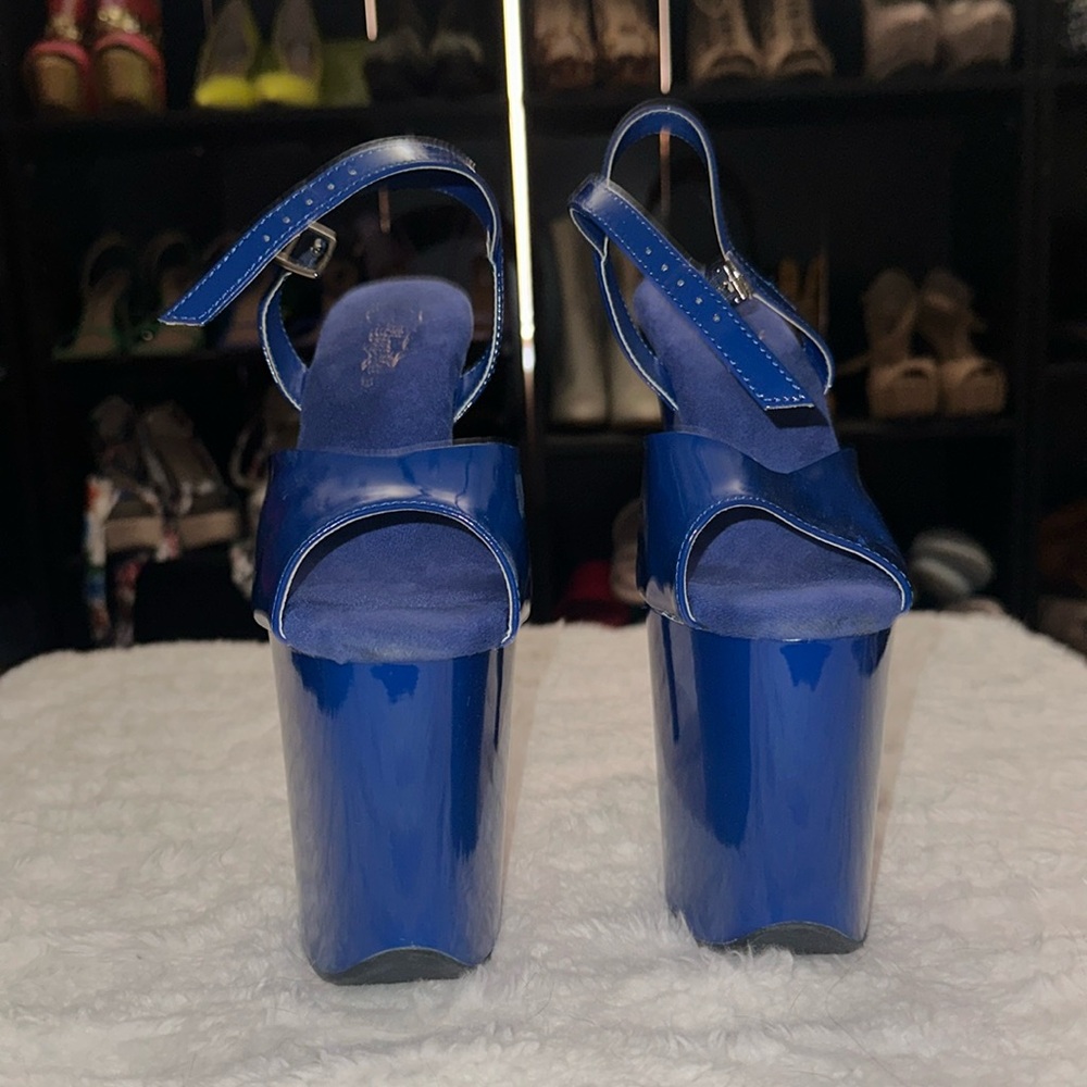 Blue 8 inch patent leather heels